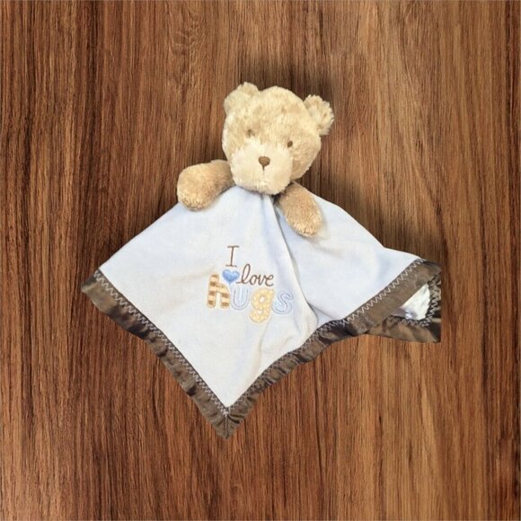 Carters Child of Mine Plush Bear Lovey Blanket I LOVE HUGS Blue Brown Satin - Picture 1 of 8